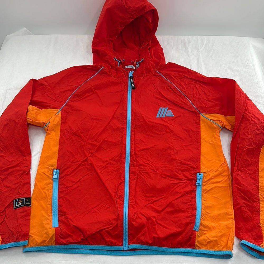 Aldi Gear Jacket Medium Red Orange Blue Hooded Full Zip Windbreaker